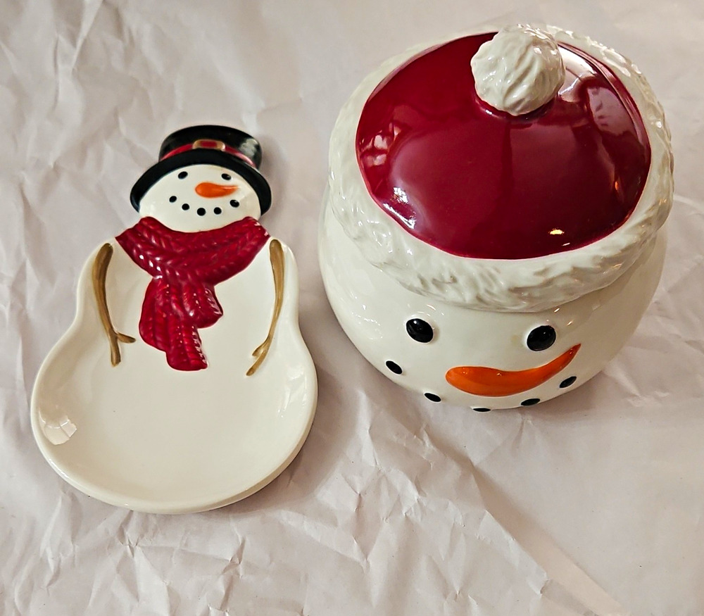St. Nicholas Square Yuletide Ceramic Snowman Cookie Jar With Spoon Rest Set.